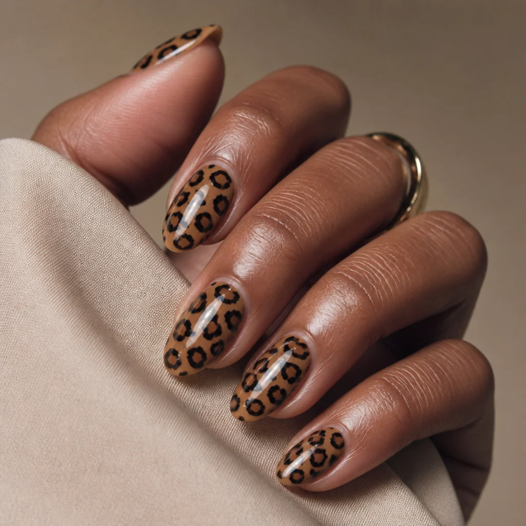 Almond nails with a caramel base and irregular black-and-brown leopard rosettes scattered toward the tips