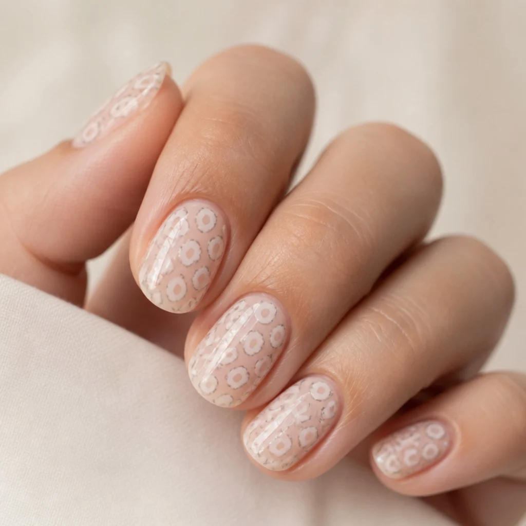 Short oval nails with a sheer nude base and soft white leopard spots outlined in pale gray