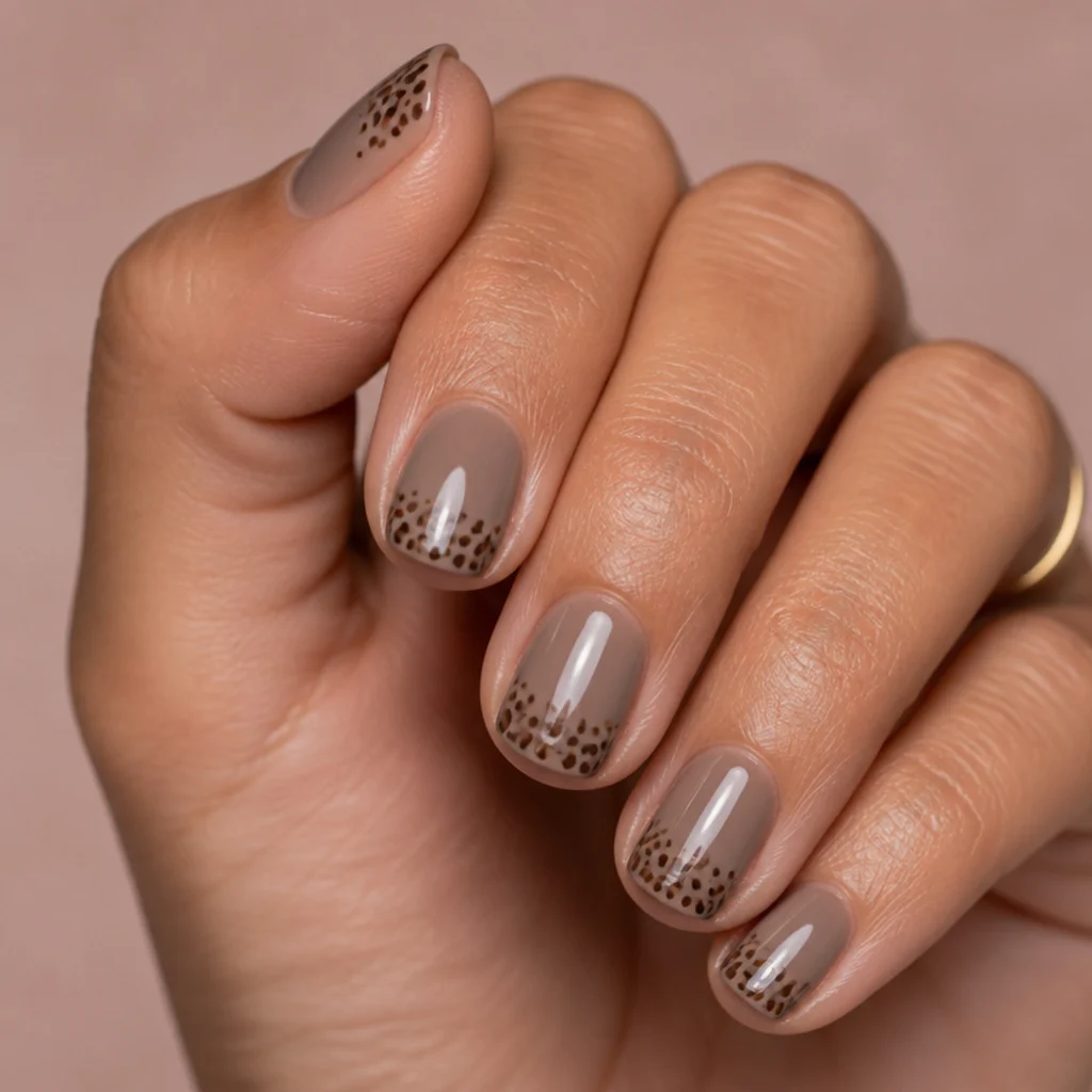 Short round nails with a taupe base and small tonal brown leopard spots kept sparse