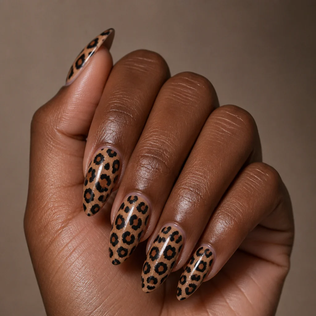 Long almond acrylic nails with a glossy tan base and detailed black-and-brown leopard print