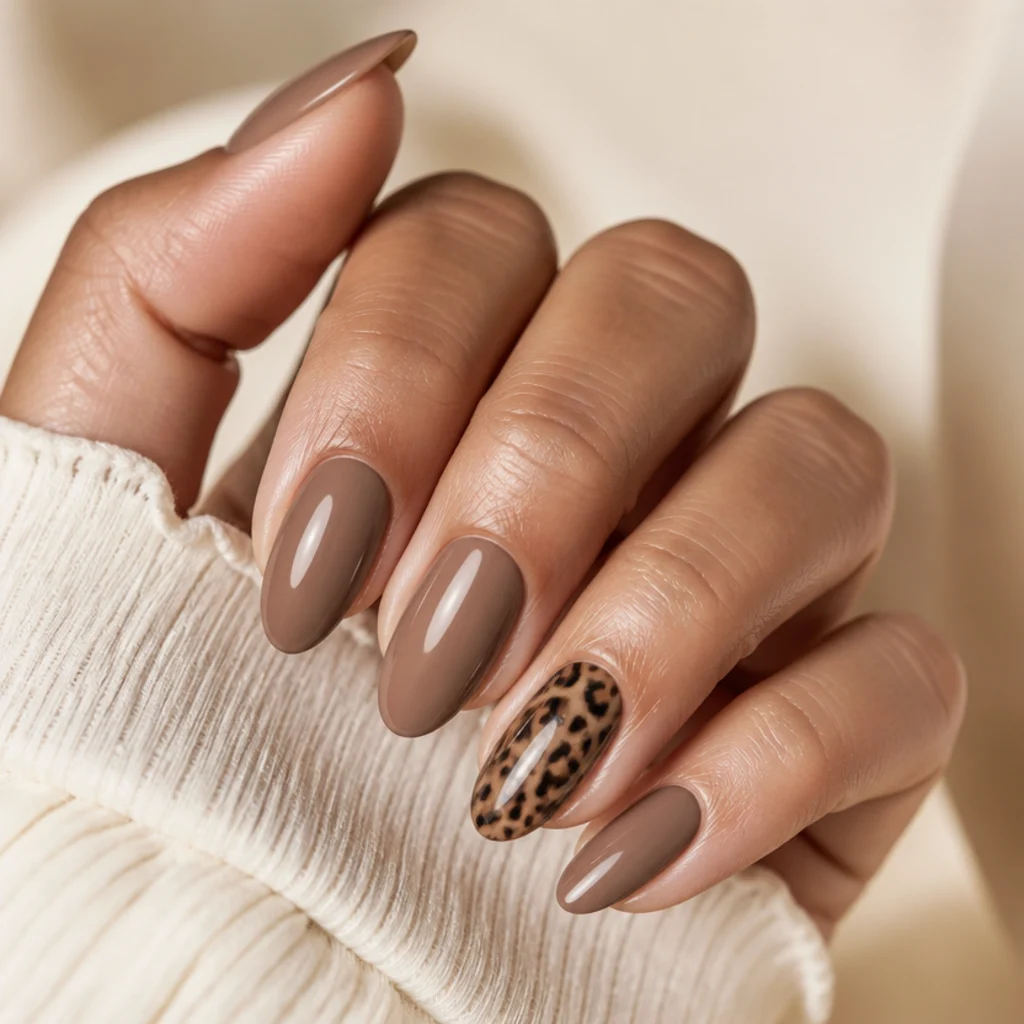 Neutral manicure with one caramel-and-black leopard accent nail on the ring finger