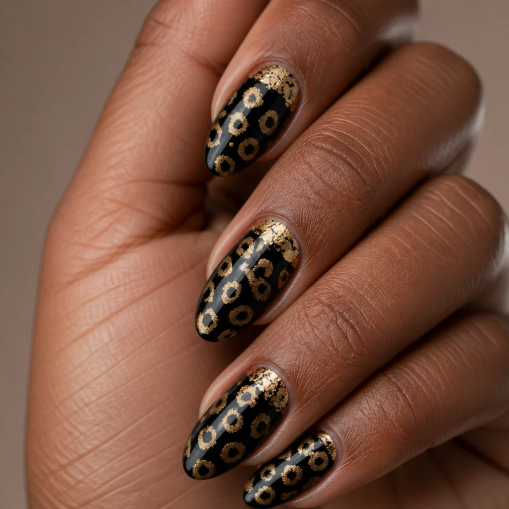 Almond nails with a glossy black base, gold leopard spots, and fine gold foil flecks near the cuticle