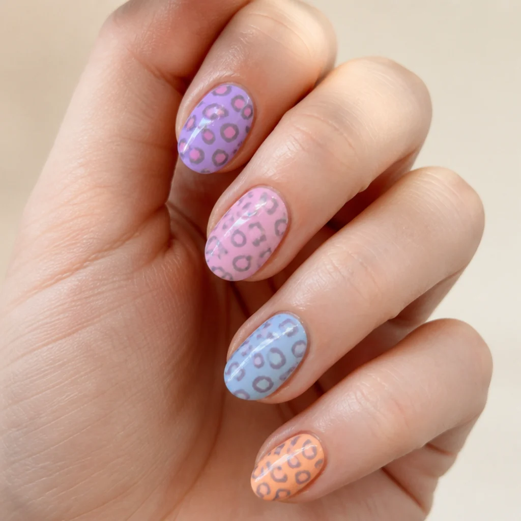 Short almond nails with a lilac base and multicolor pastel leopard spots outlined in soft gray