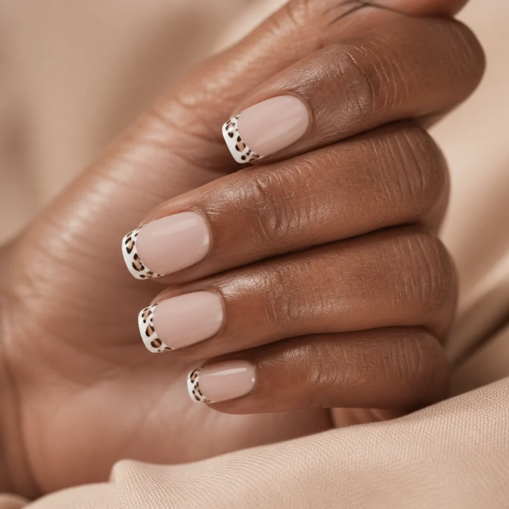 Squoval nails with a sheer base, crisp white French tips, and small leopard spots along the smile line