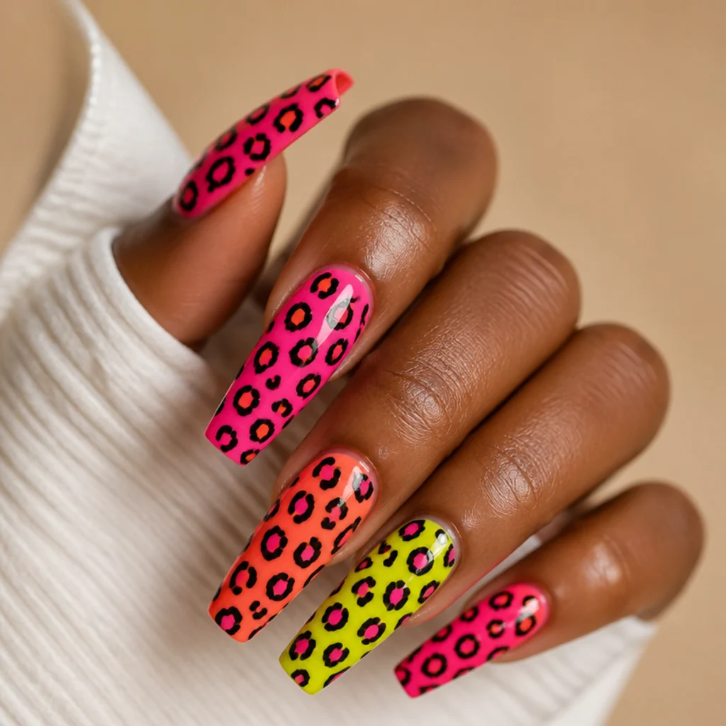 Long coffin nails with a hot pink base and black leopard print in a high-gloss finish