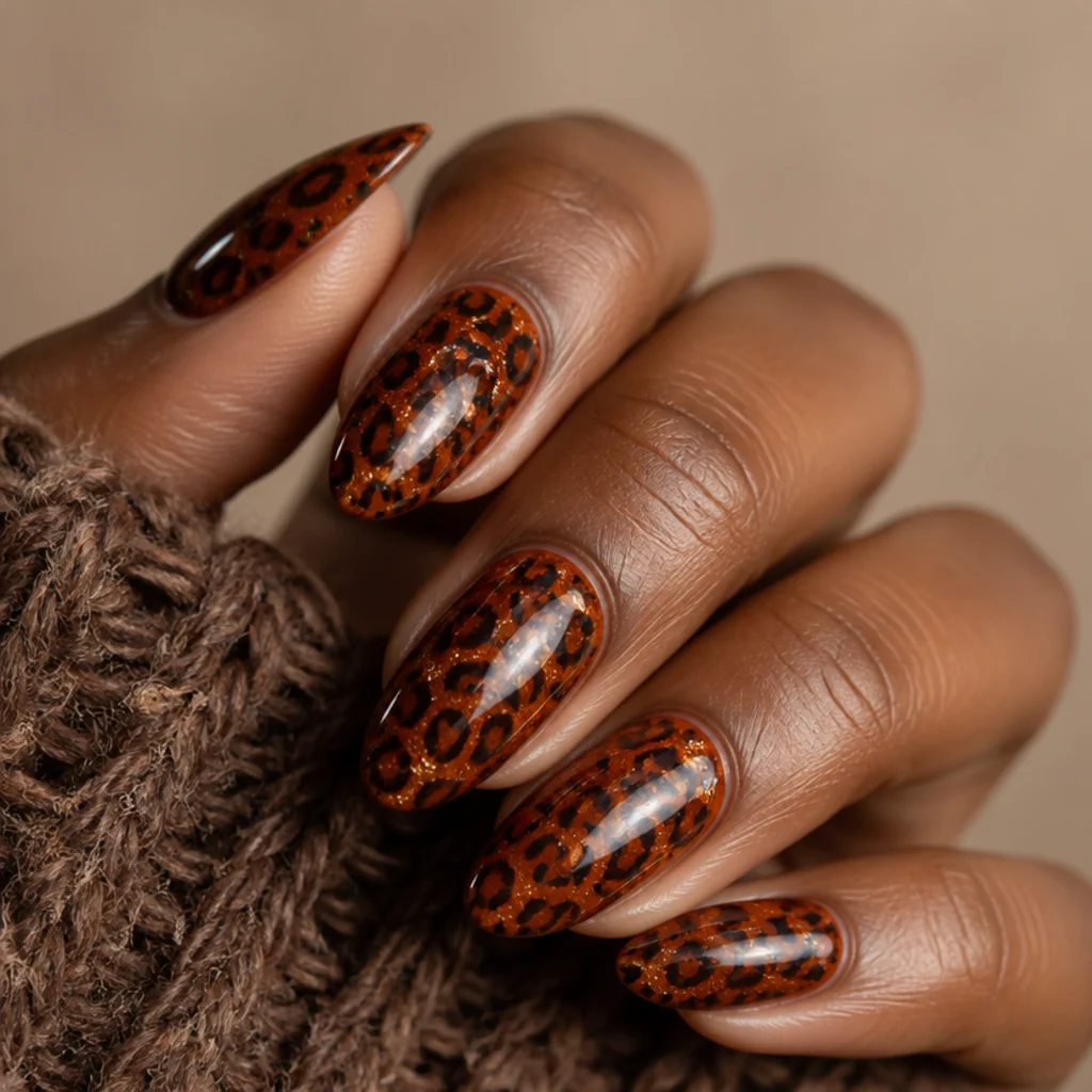 Almond nails with rust and pumpkin base tones and cocoa-brown leopard spots