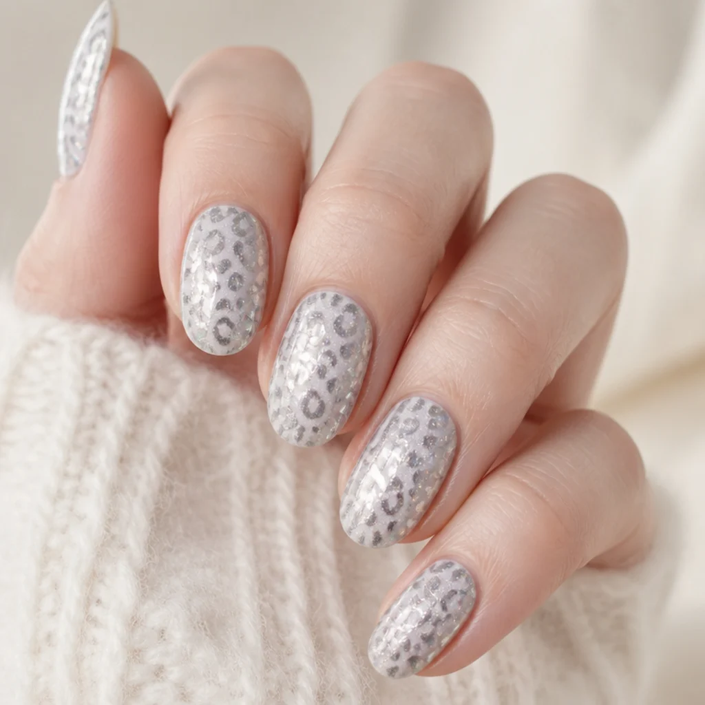 Oval nails with a cool gray base, metallic silver leopard spots, and subtle holographic shimmer