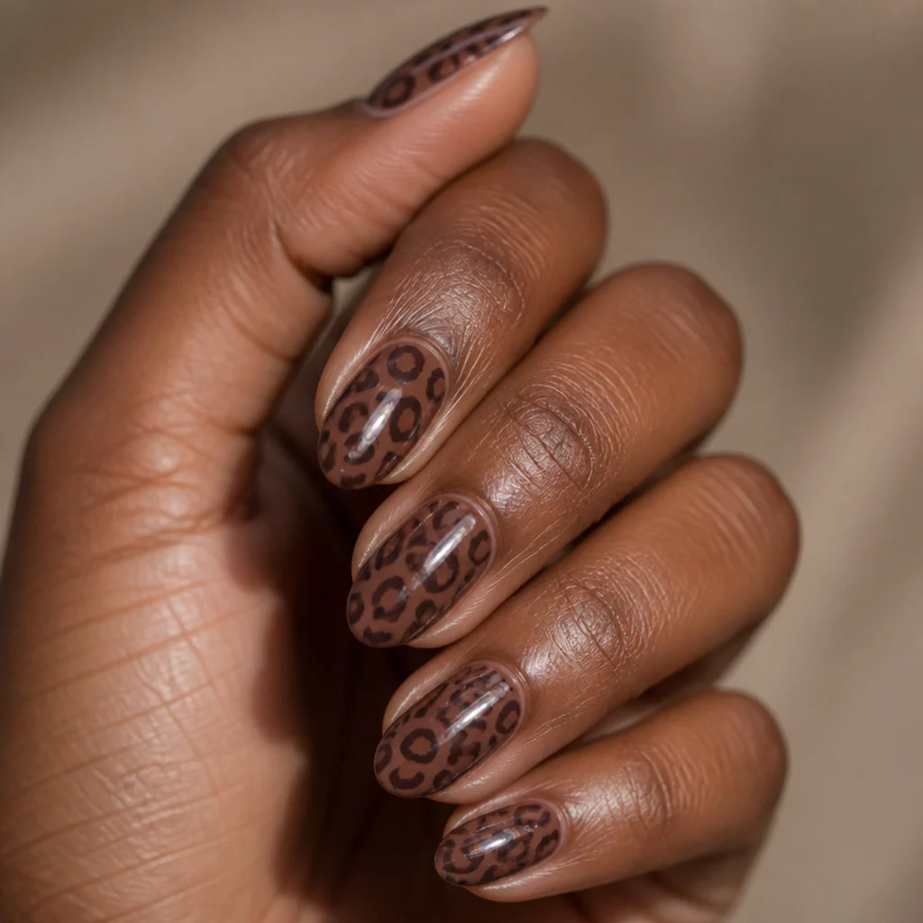 Short almond nails with a milk-chocolate base and dark cocoa tonal leopard print