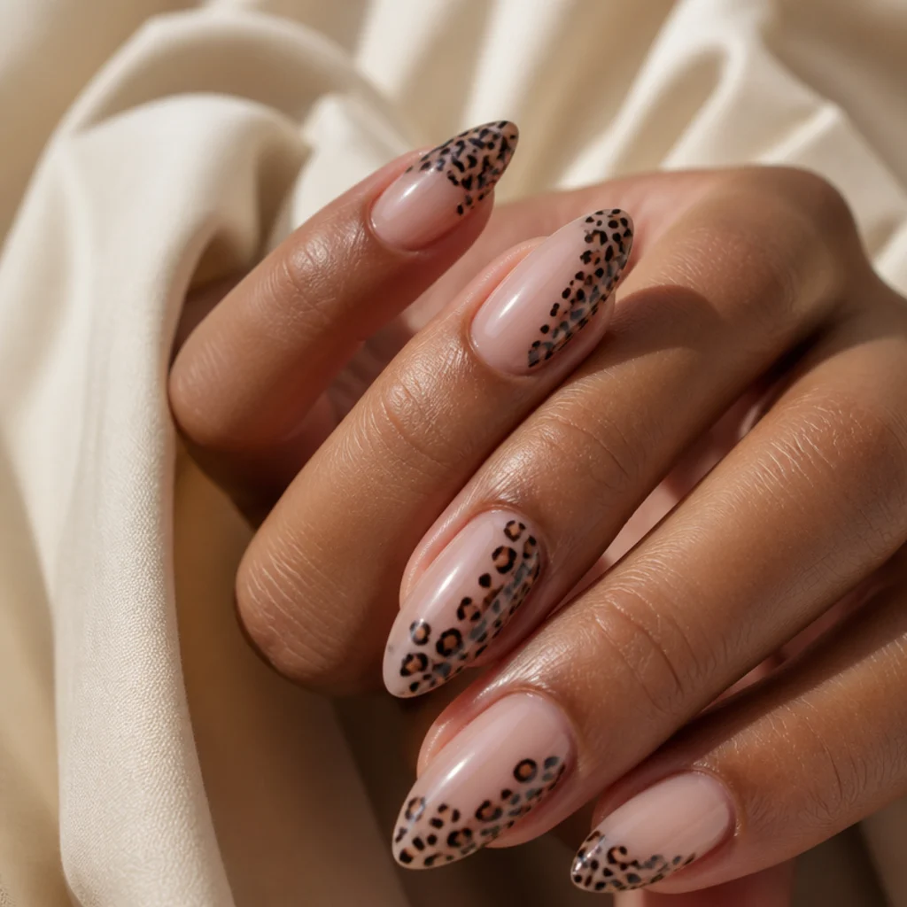 Almond nails with a bare natural base and black leopard spots placed in open negative space toward the tips