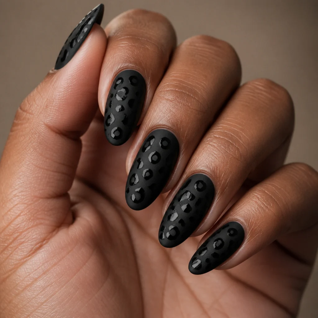 Long almond nails with a matte black base and glossy black tonal leopard spots that catch the light