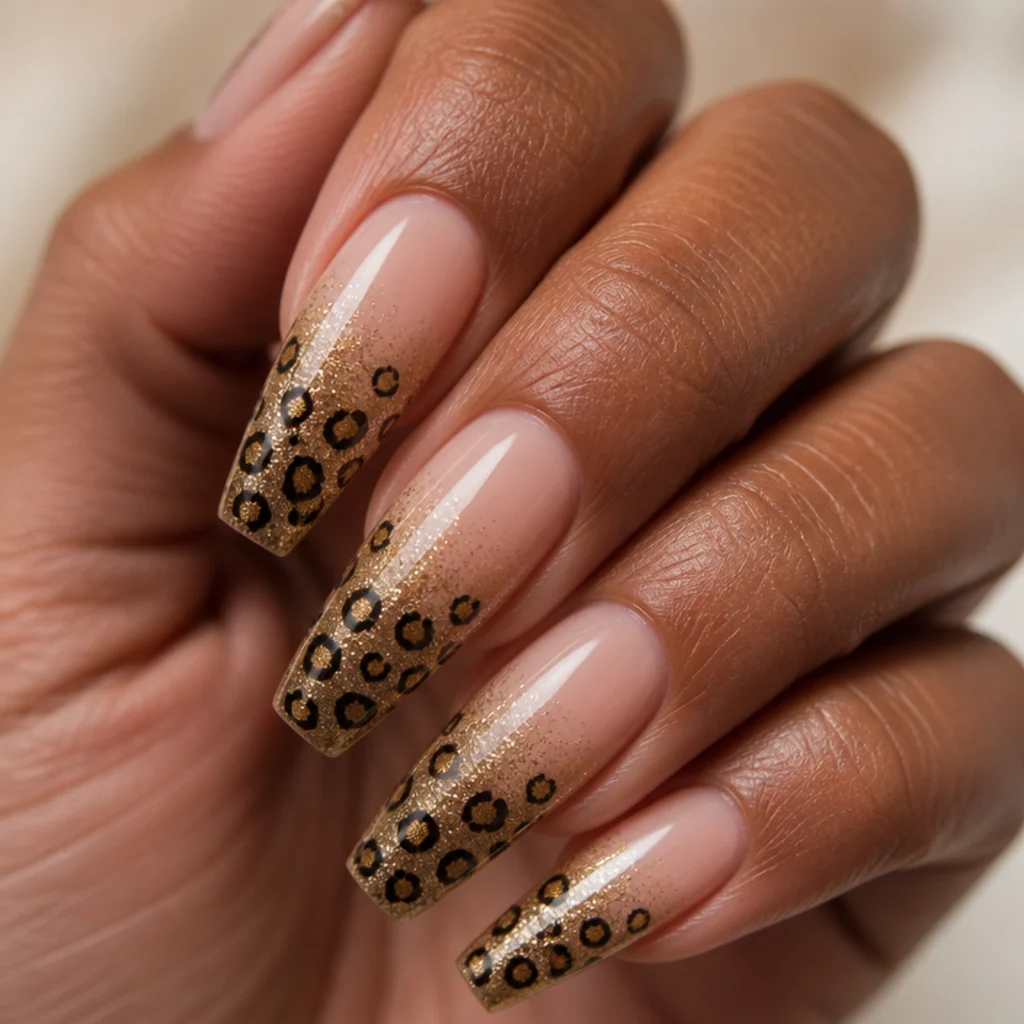 Coffin nails with a nude-to-gold glitter ombre base and black leopard spots riding the fade