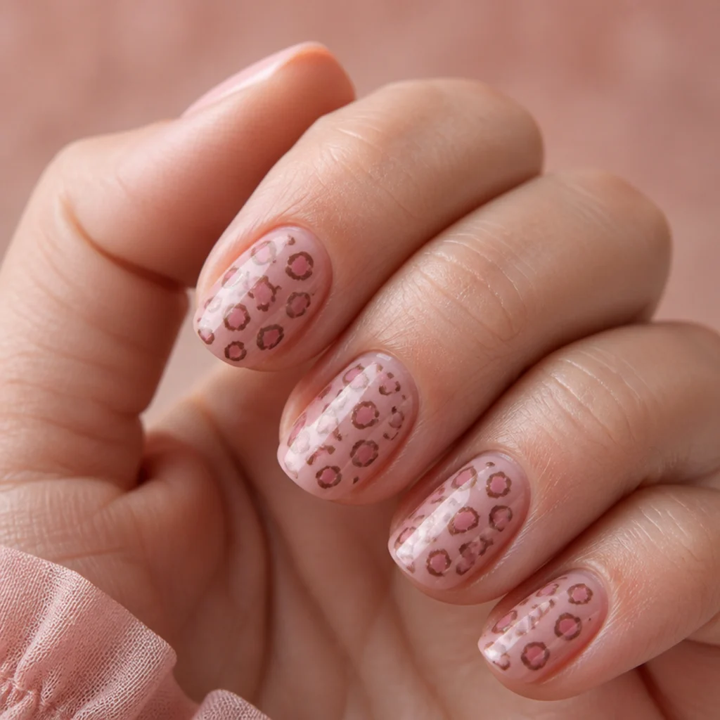 Short round nails with a milky pink base and rose-toned leopard spots outlined in soft brown