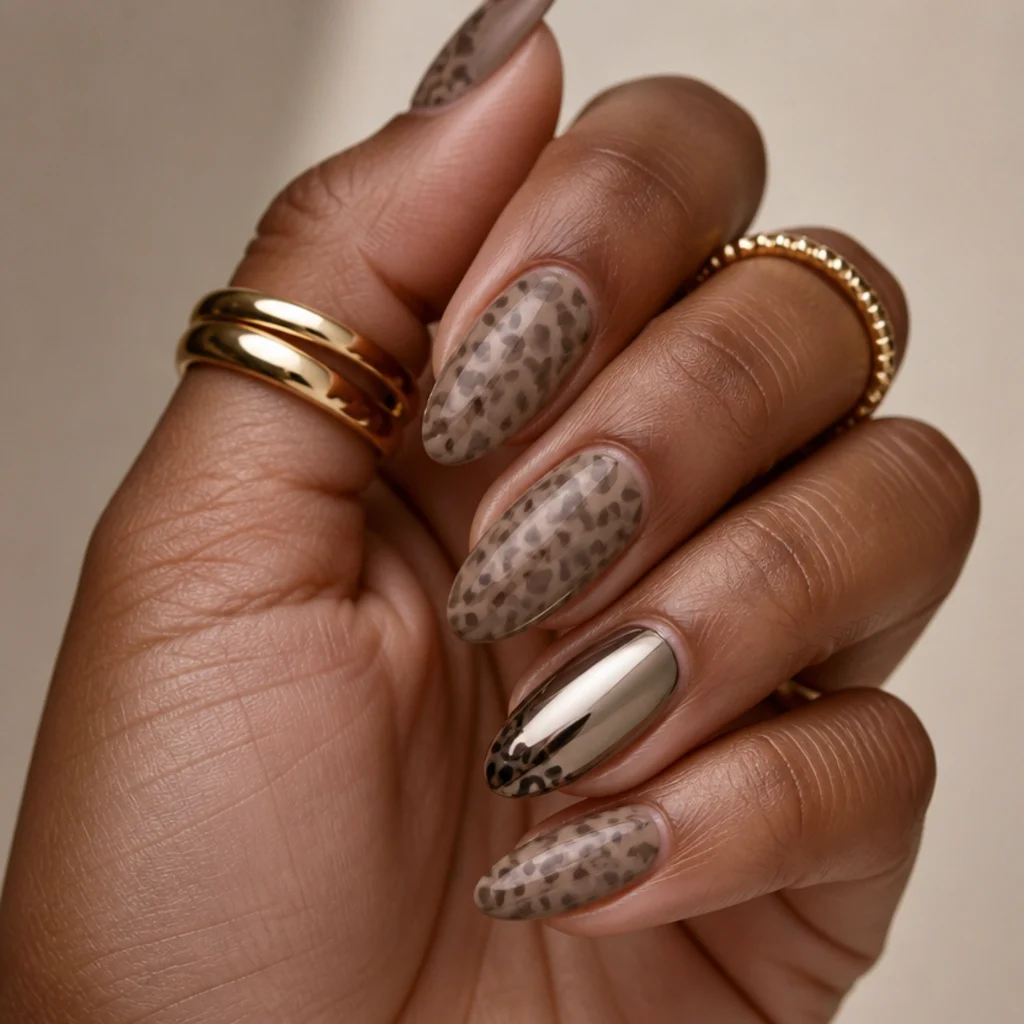 Almond nails with a taupe base, a mirror-chrome accent nail, and a few black leopard spots