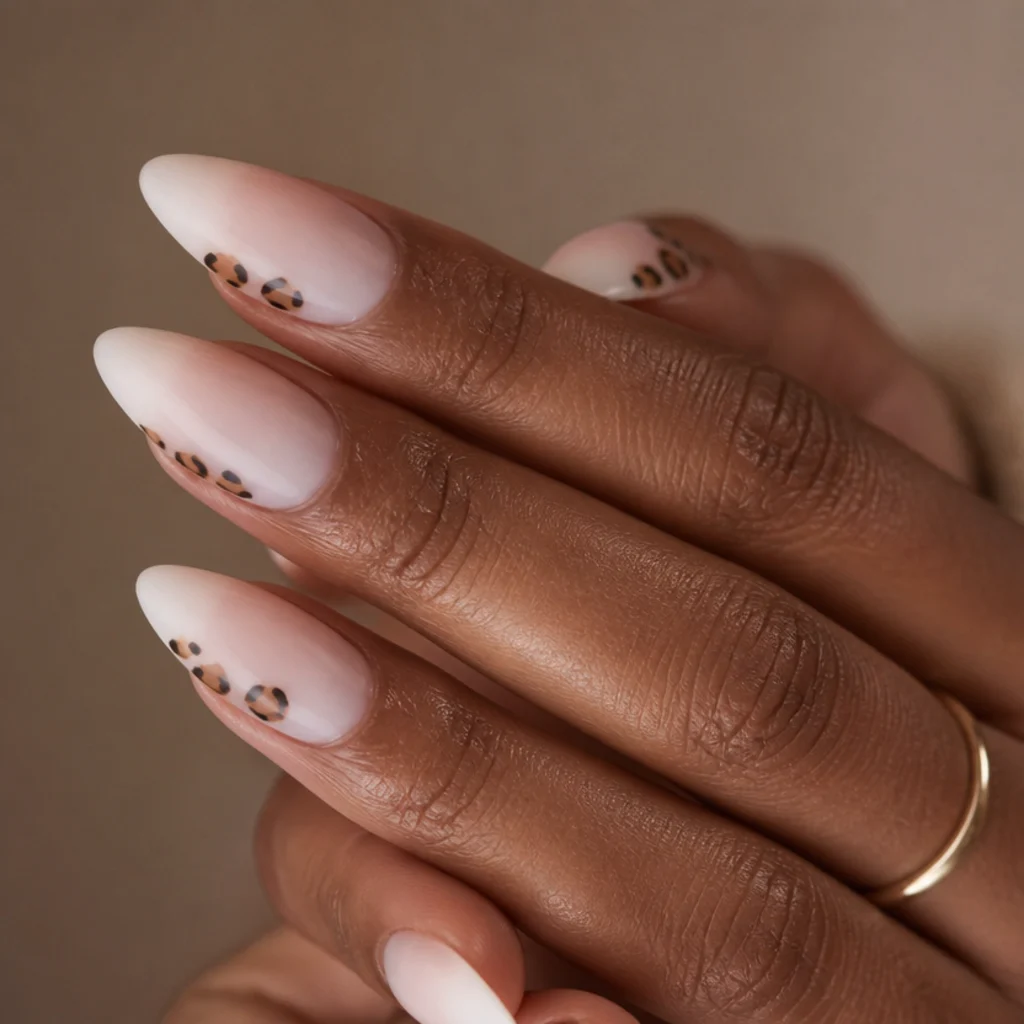 Long almond nails with a pink-to-white baby boomer ombre and small leopard spots near the tips
