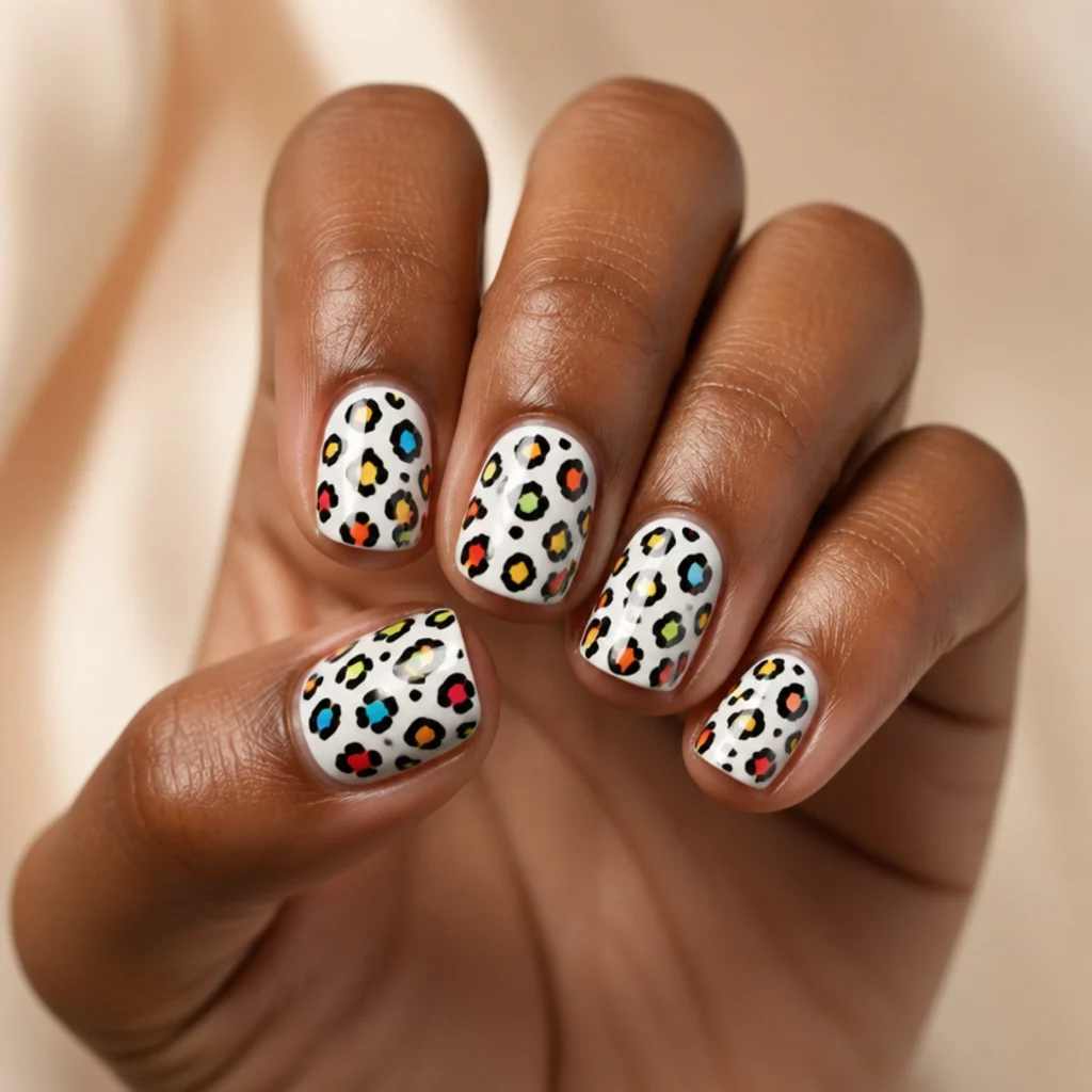 Squoval nails with a clean white base and multicolor rainbow leopard spots each outlined in black