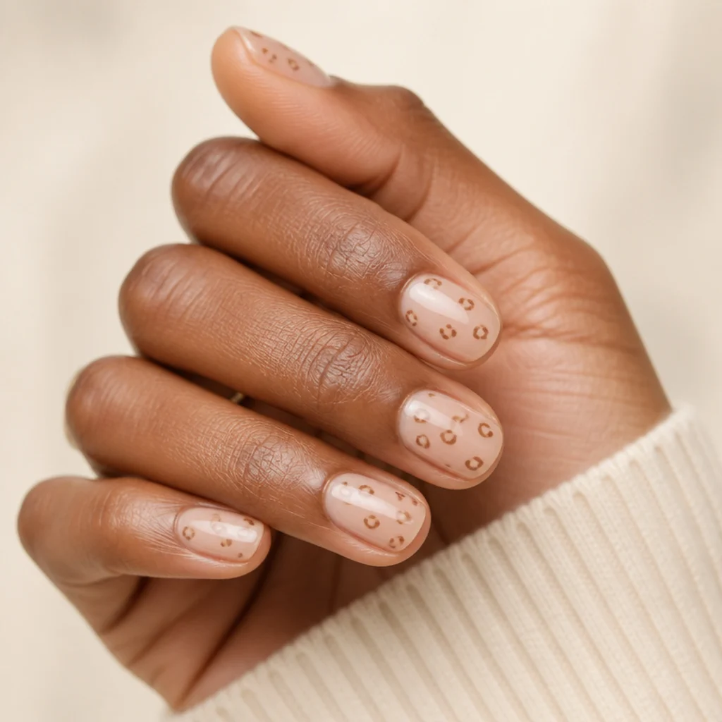 Short oval nails with a sheer nude base and tiny, sparse micro leopard spots