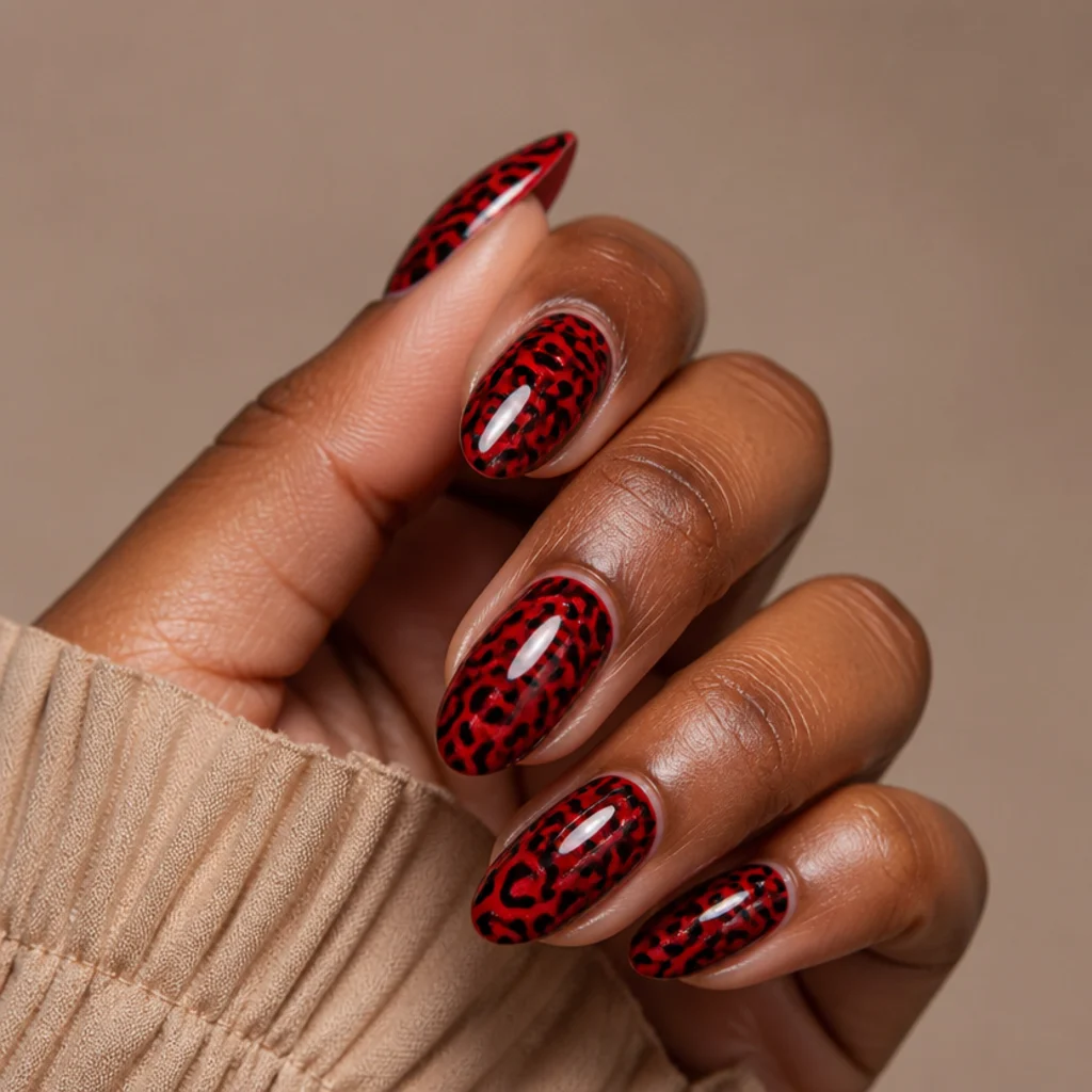 Almond nails with a glossy true-red base and black leopard spots in a bold high-shine finish