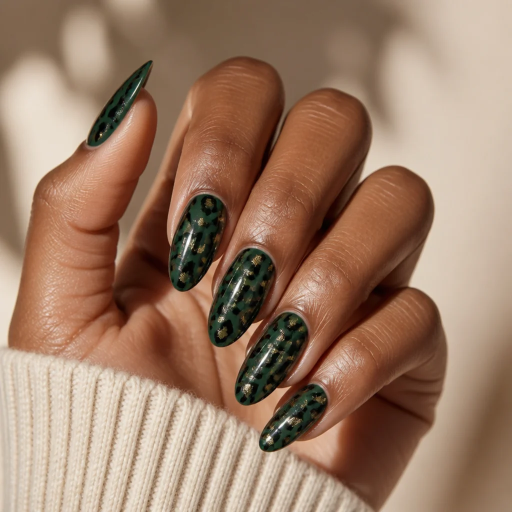 Almond nails with a deep emerald base and black leopard spots kissed with gold centers