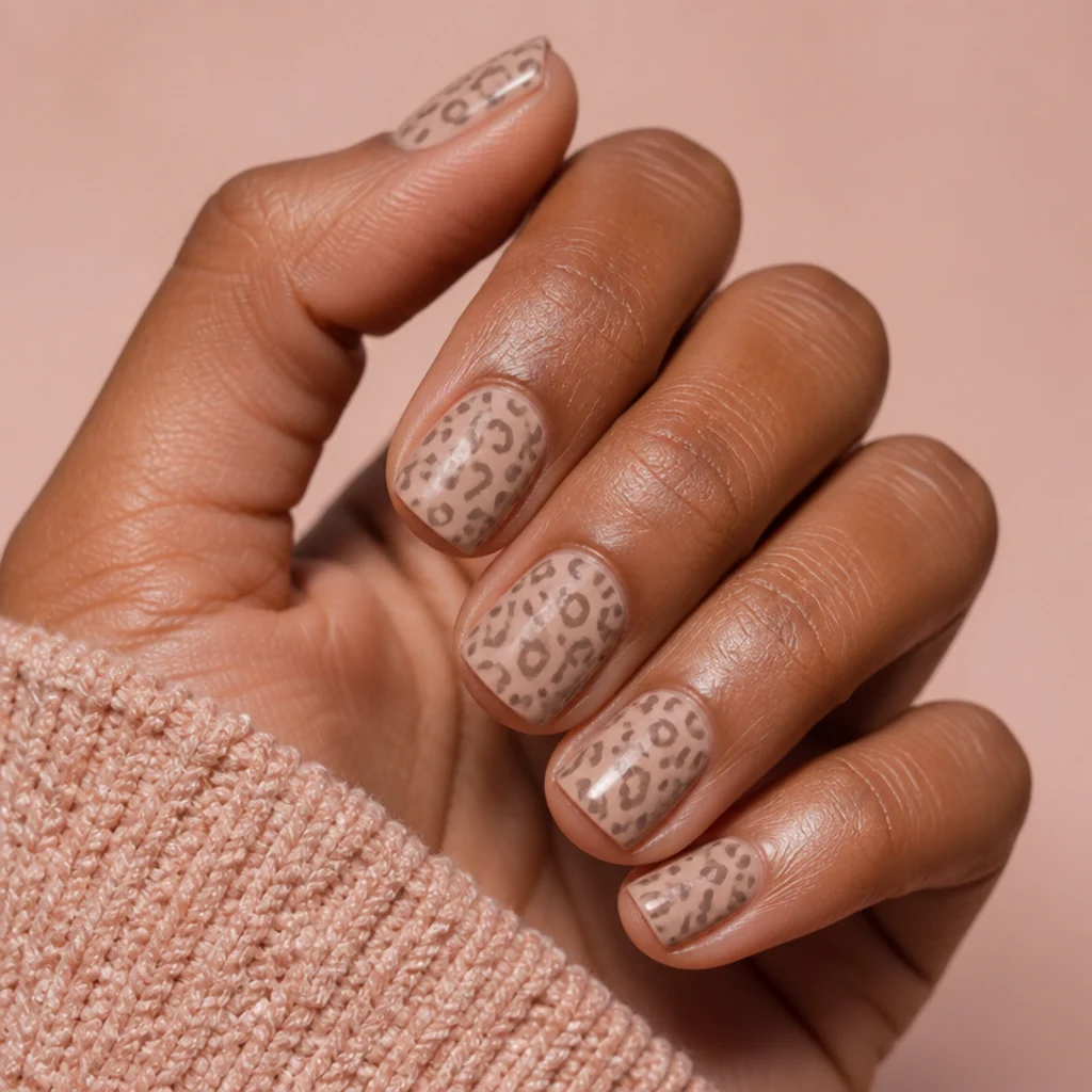 Short squoval nails with a warm latte-beige base and soft brown leopard spots