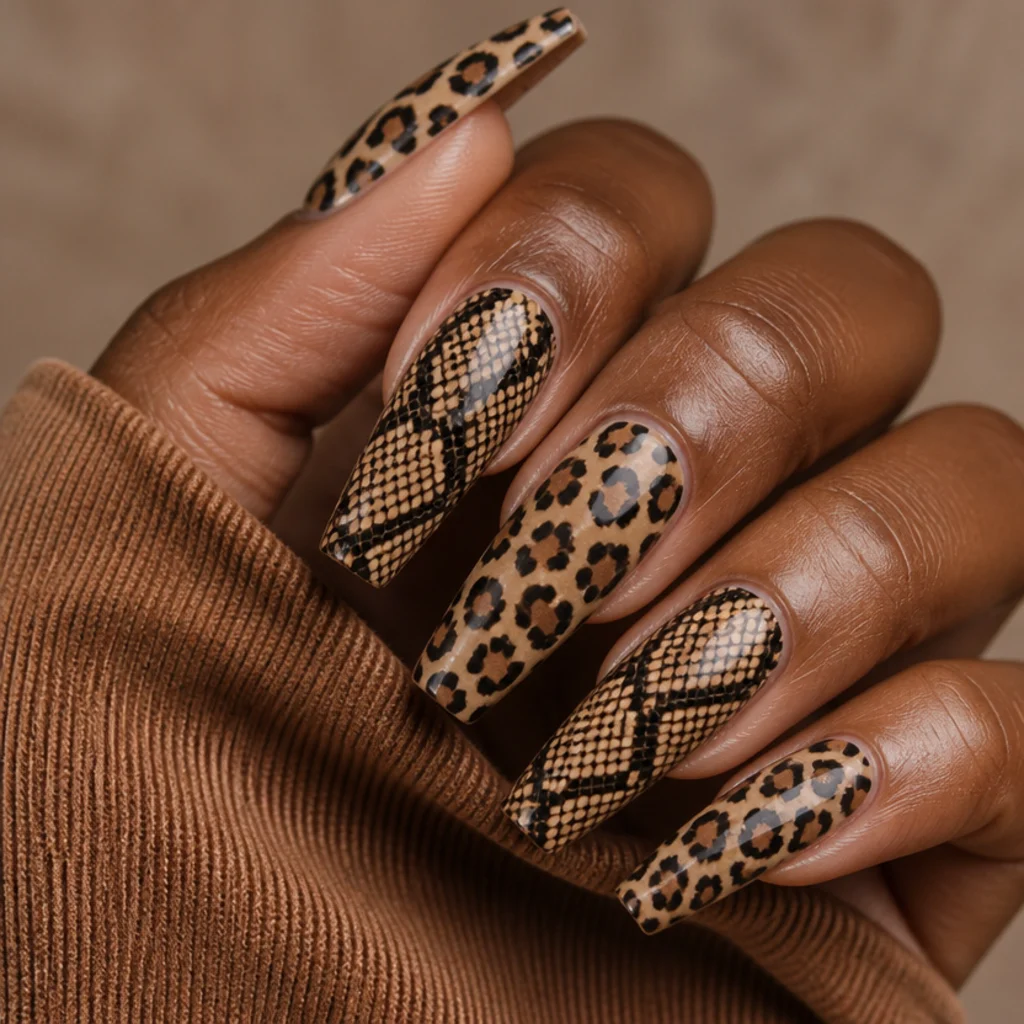 Long coffin nails mixing leopard rosettes and snakeskin scales in a shared tan-and-black palette