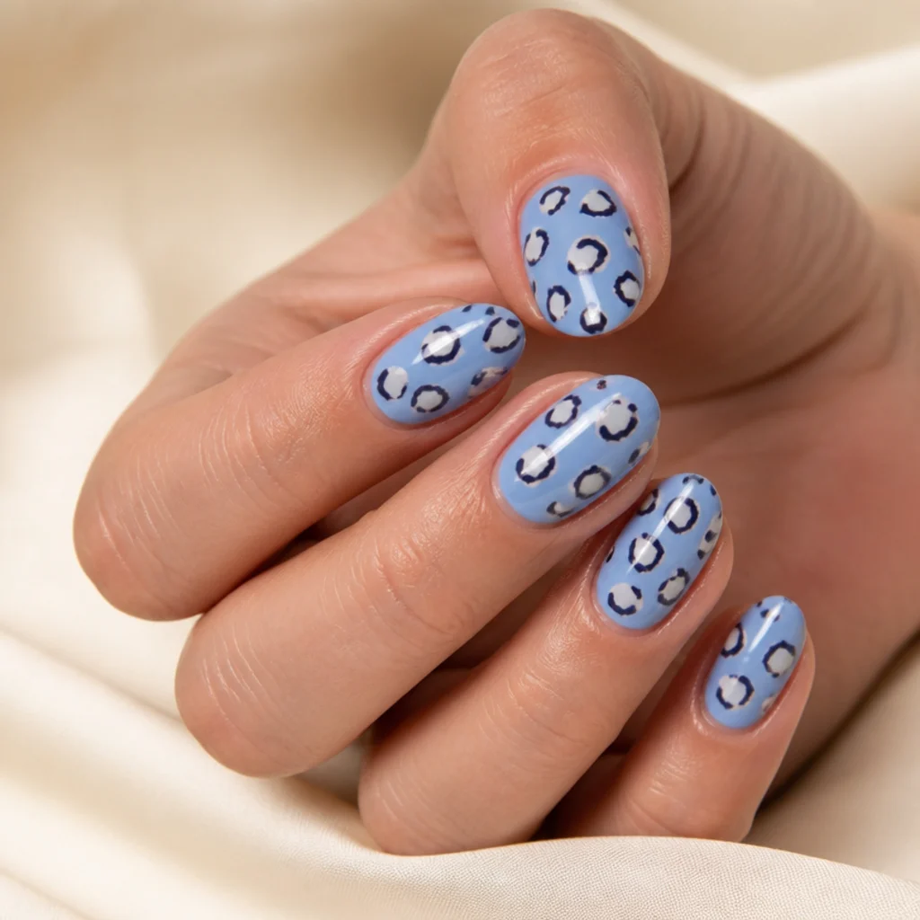 Short almond nails with a baby blue base and navy-outlined white leopard spots