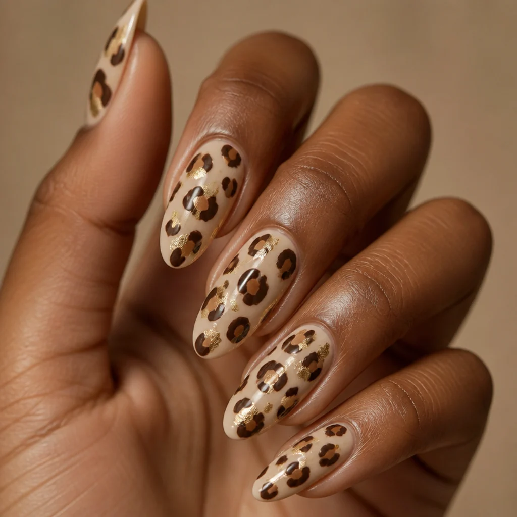 Almond nails with a cream base, soft brown leopard spots, and torn gold foil accents between them