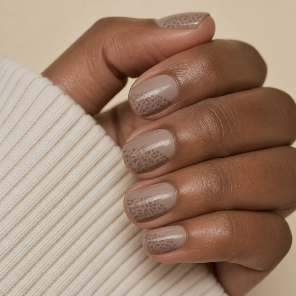 Short squoval nails with a greige base and small tonal leopard spots for a tidy office look