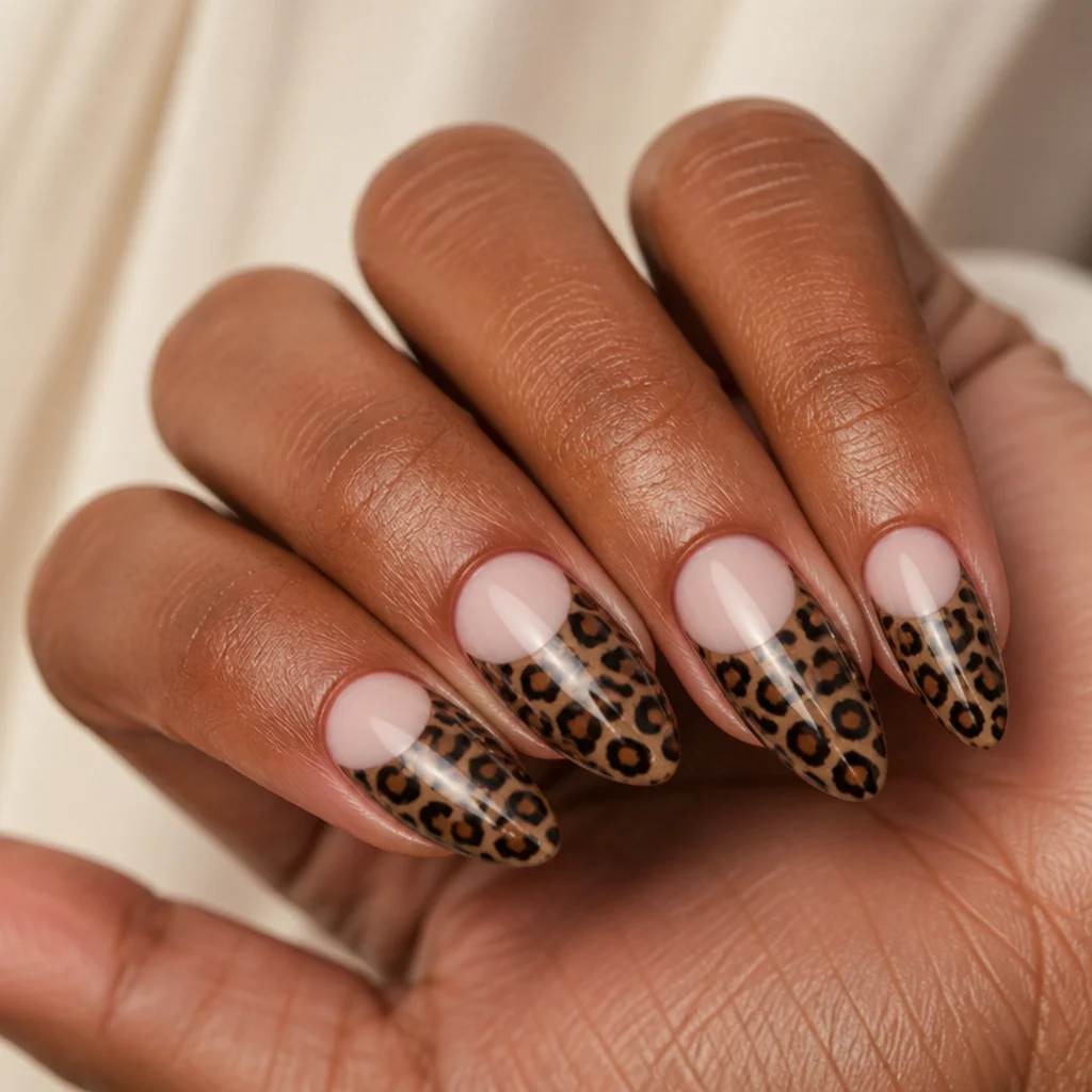 Almond nails with a bare nude half-moon, a caramel body, and black leopard spots concentrated on the tips
