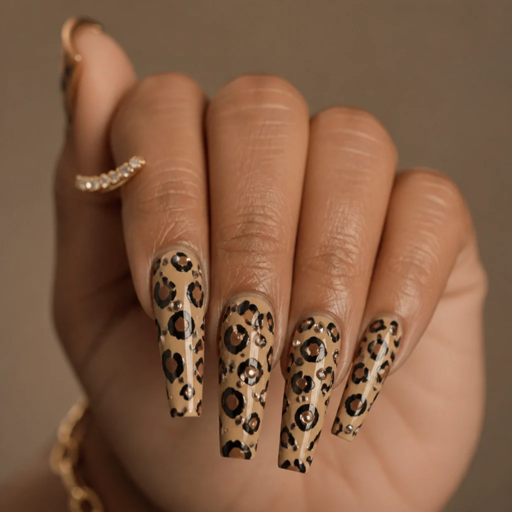 Long coffin nails with a tan base, full black-and-brown leopard print, and a scatter of small crystals on accent fingers