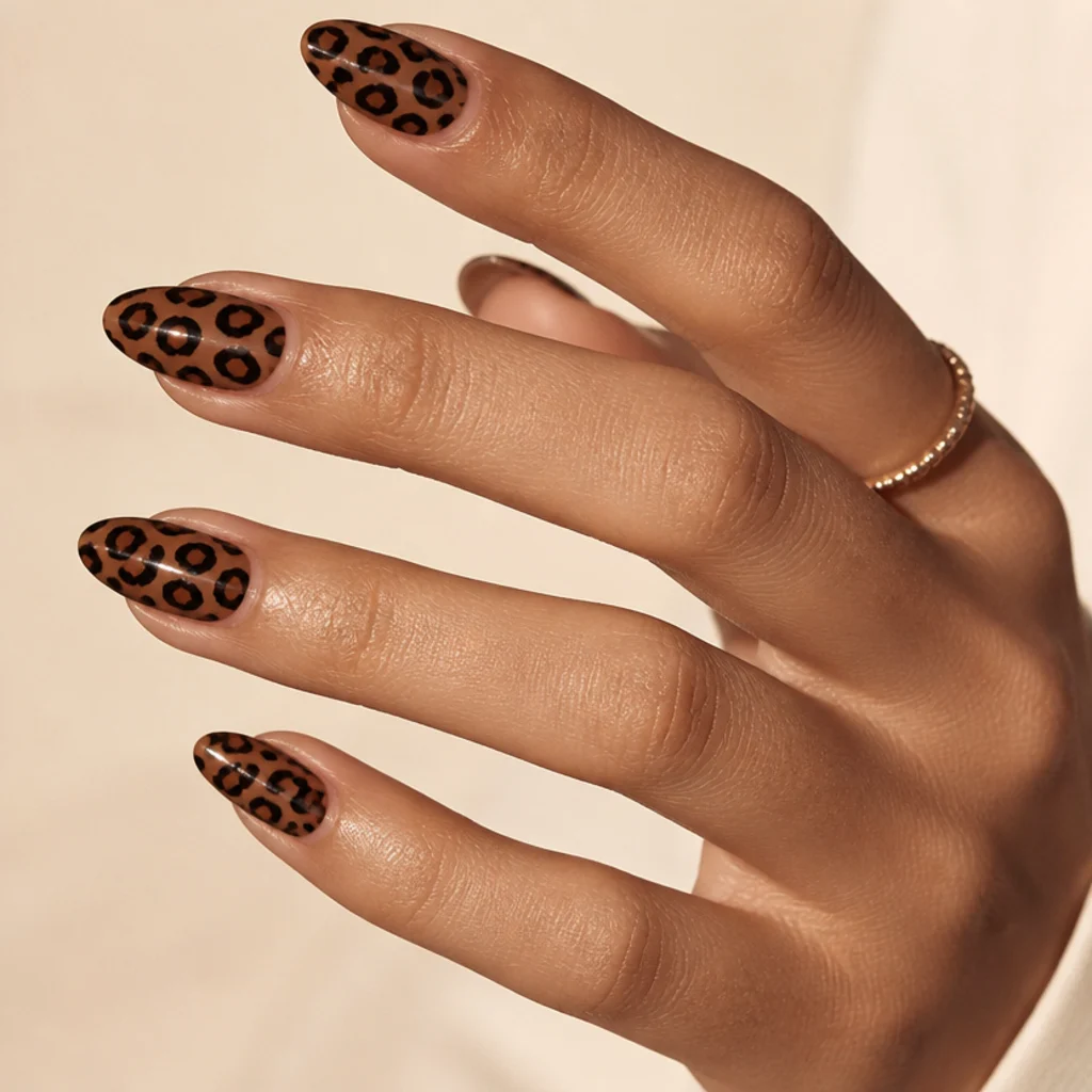 Almond nails with hand-painted black-and-caramel leopard print on a warm ivory background