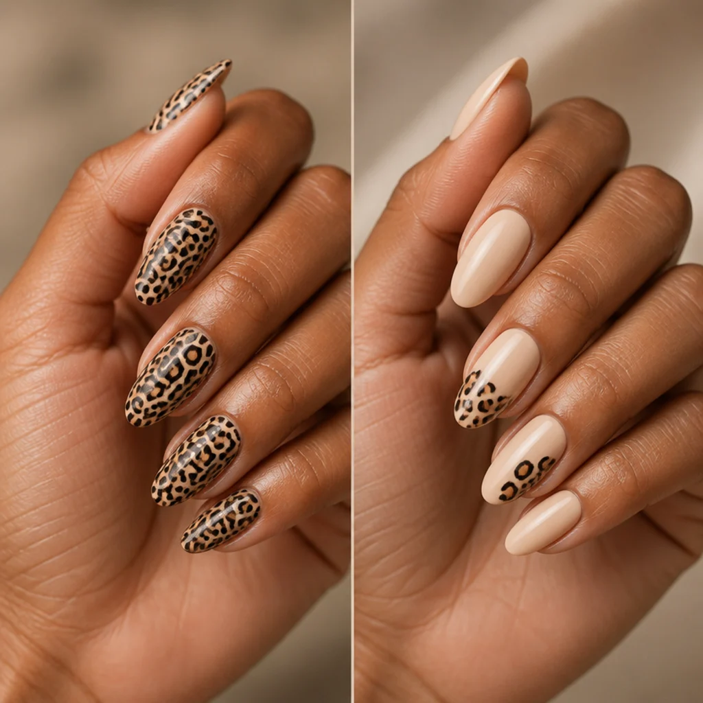 Comparison macro of two hands, one with overcrowded busy leopard spots beside a balanced set using negative space on beige nails