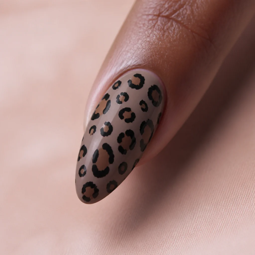 Top-down macro detailing varied irregular leopard spots in small, medium, and large sizes scattered across a warm taupe nail
