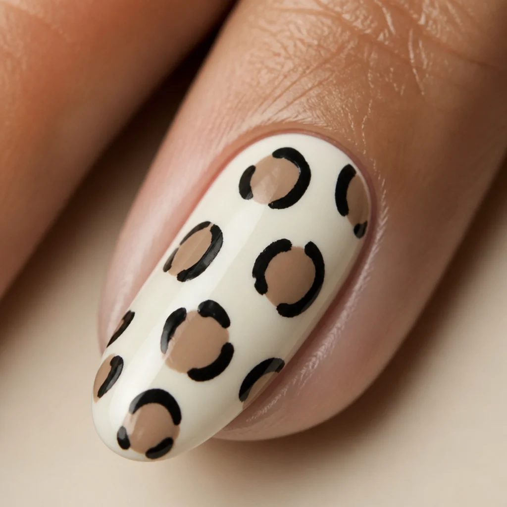 Close macro showing the layered leopard technique, a soft brown center framed by broken black crescent outlines on a cream nail