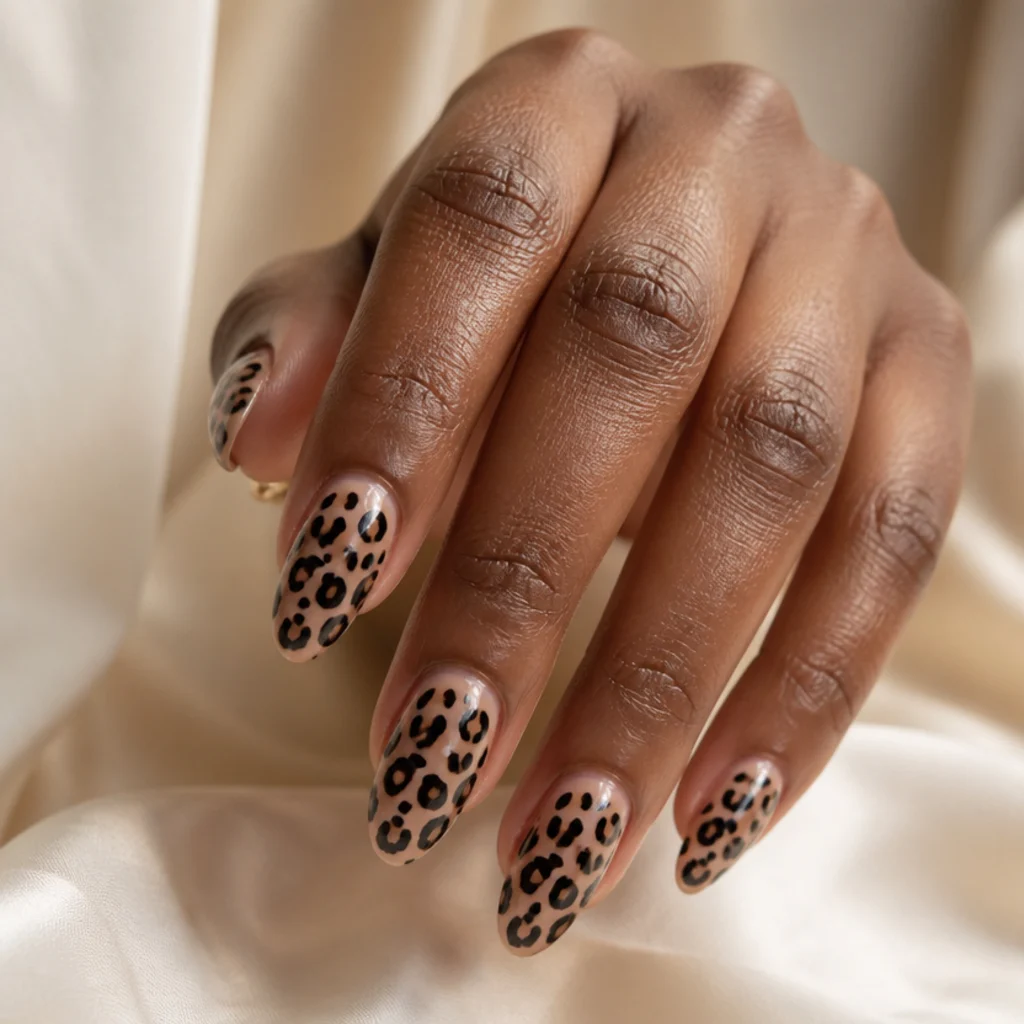 Close macro of glossy sealed leopard print nails catching soft studio light under a smooth, even top coat on almond nails