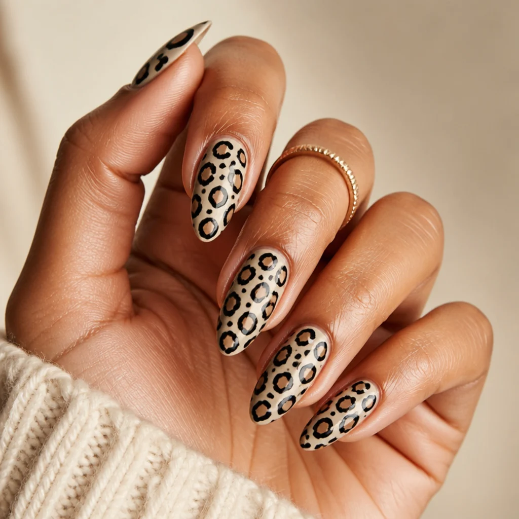 Close editorial macro of a light-brown hand with almond nails wearing neutral beige black leopard print nails on a warm ivory background