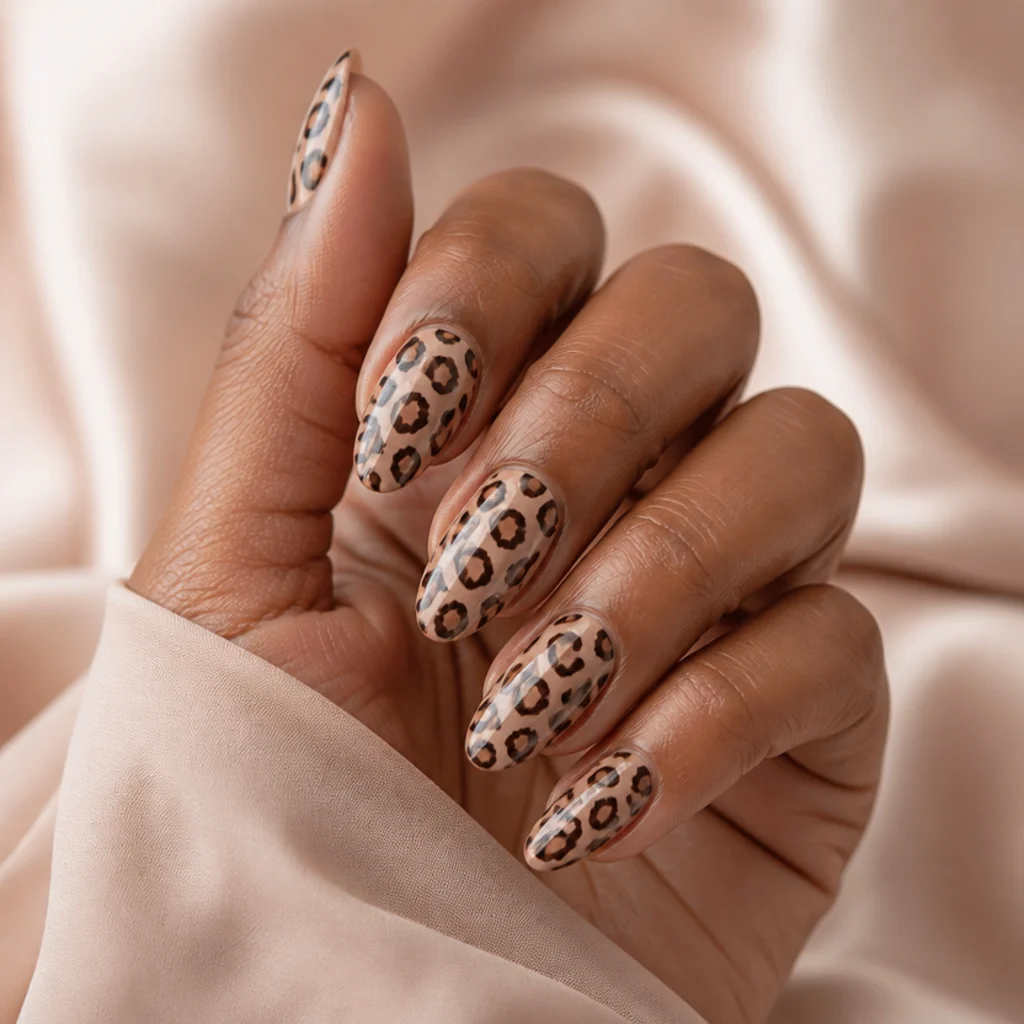 Almond nails in soft nude with tan and dark-brown leopard rosettes outlined in chocolate painted across each nail
