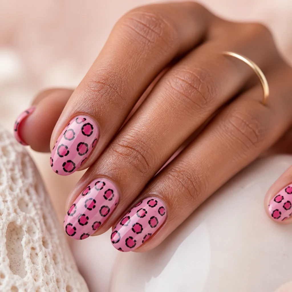 Oval nails in bubblegum pink with tonal hot-pink and black leopard spots and a glossy top coat