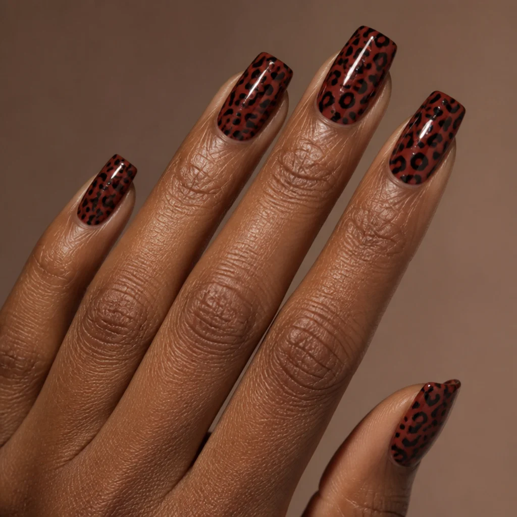 Square nails in deep brick red with black leopard spots and a high-shine gel finish