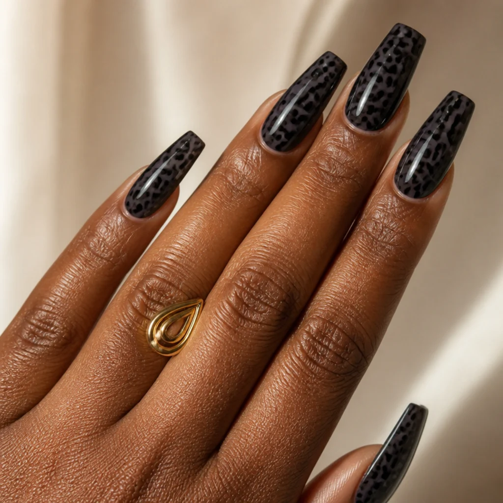 Long coffin nails in glossy black with tonal gray and charcoal leopard spots and subtle shine