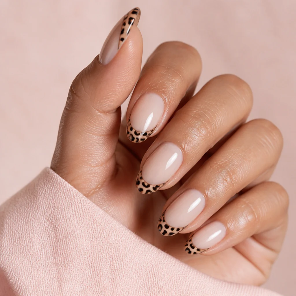 Almond nails with a milky sheer base and leopard print painted only along the French smile line