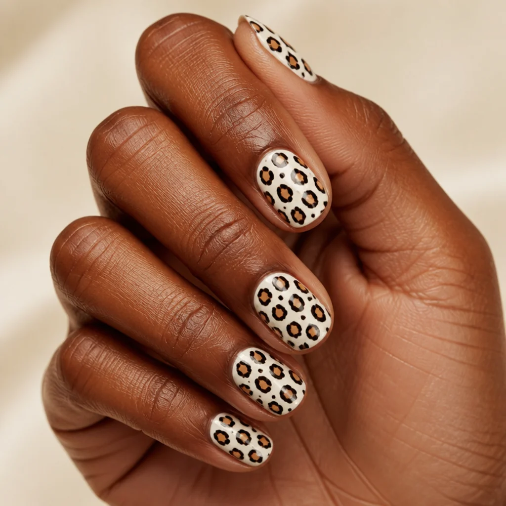 Short round nails in crisp white with tan and black leopard spots and a glossy top coat