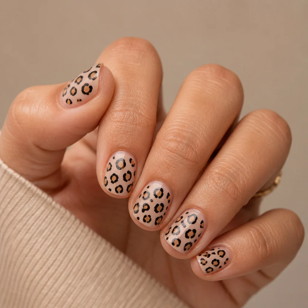 Very short natural nails in nude with small, scaled-down leopard spots spaced across each nail
