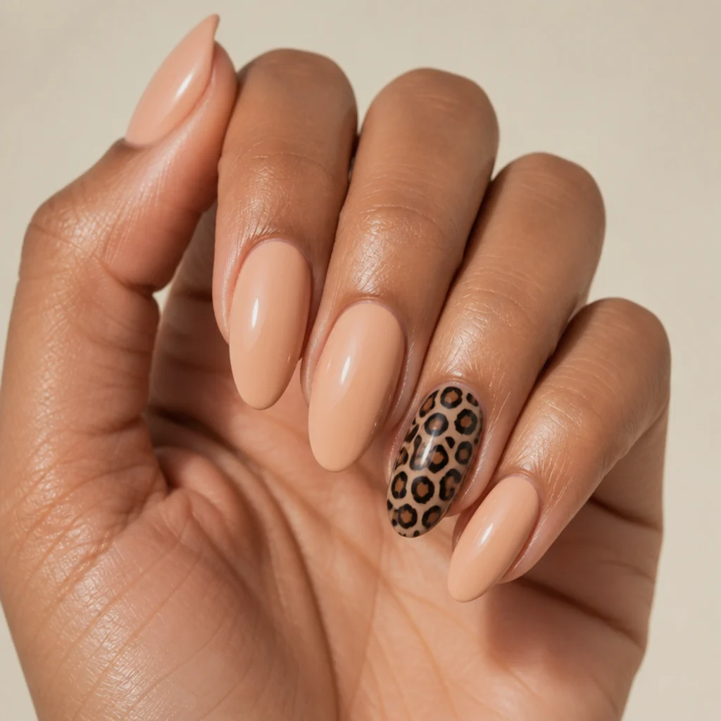 Five nude nails with only the ring-finger accent nail painted in tan and brown leopard print