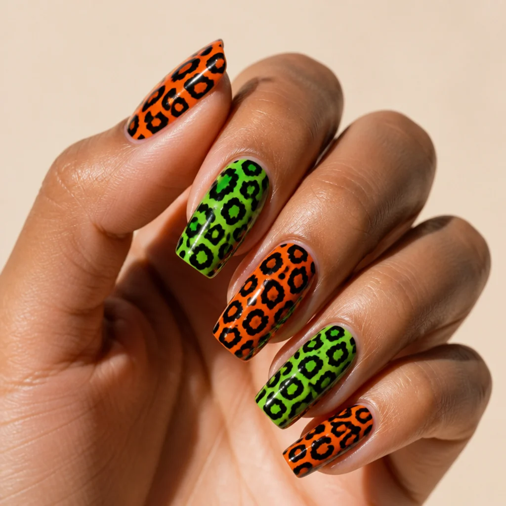 Long square nails in neon orange and acid green with sharp black leopard spots and glossy finish