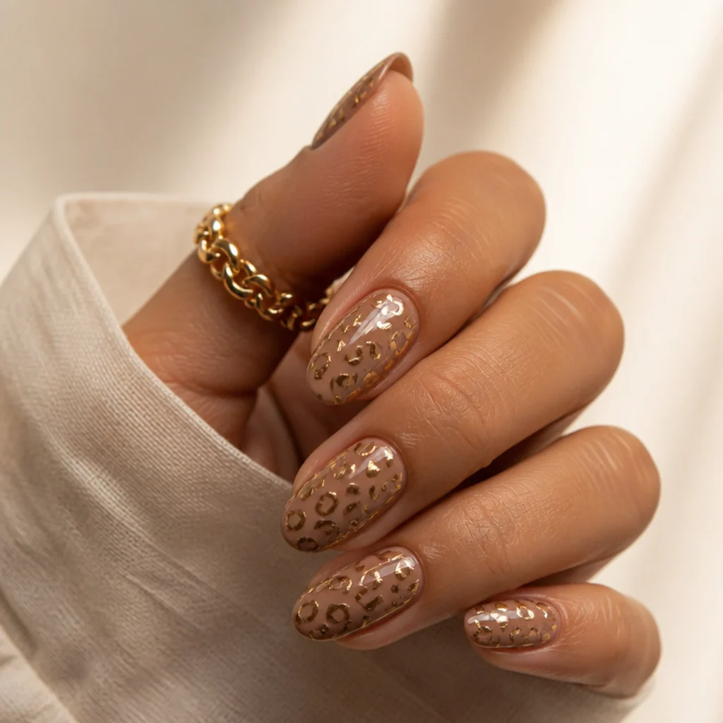 Almond nails in warm taupe with metallic gold-foil leopard spots catching the light