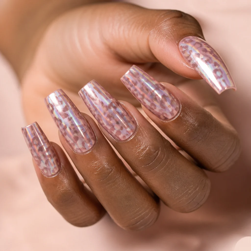 Coffin nails with a mirror-chrome base and tonal mauve-pink leopard print in a subtle holographic finish