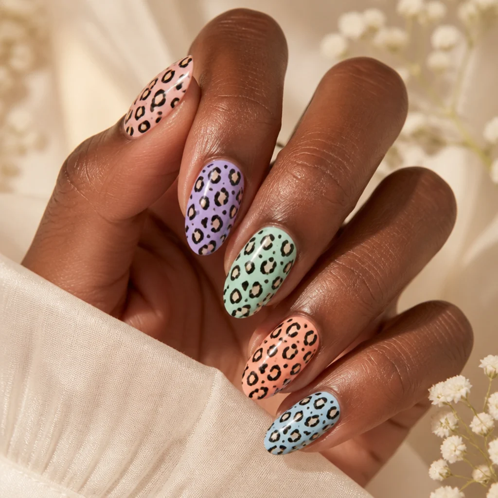 Oval nails each in a different pastel shade of lavender, mint, peach, and blue with coordinating leopard spots