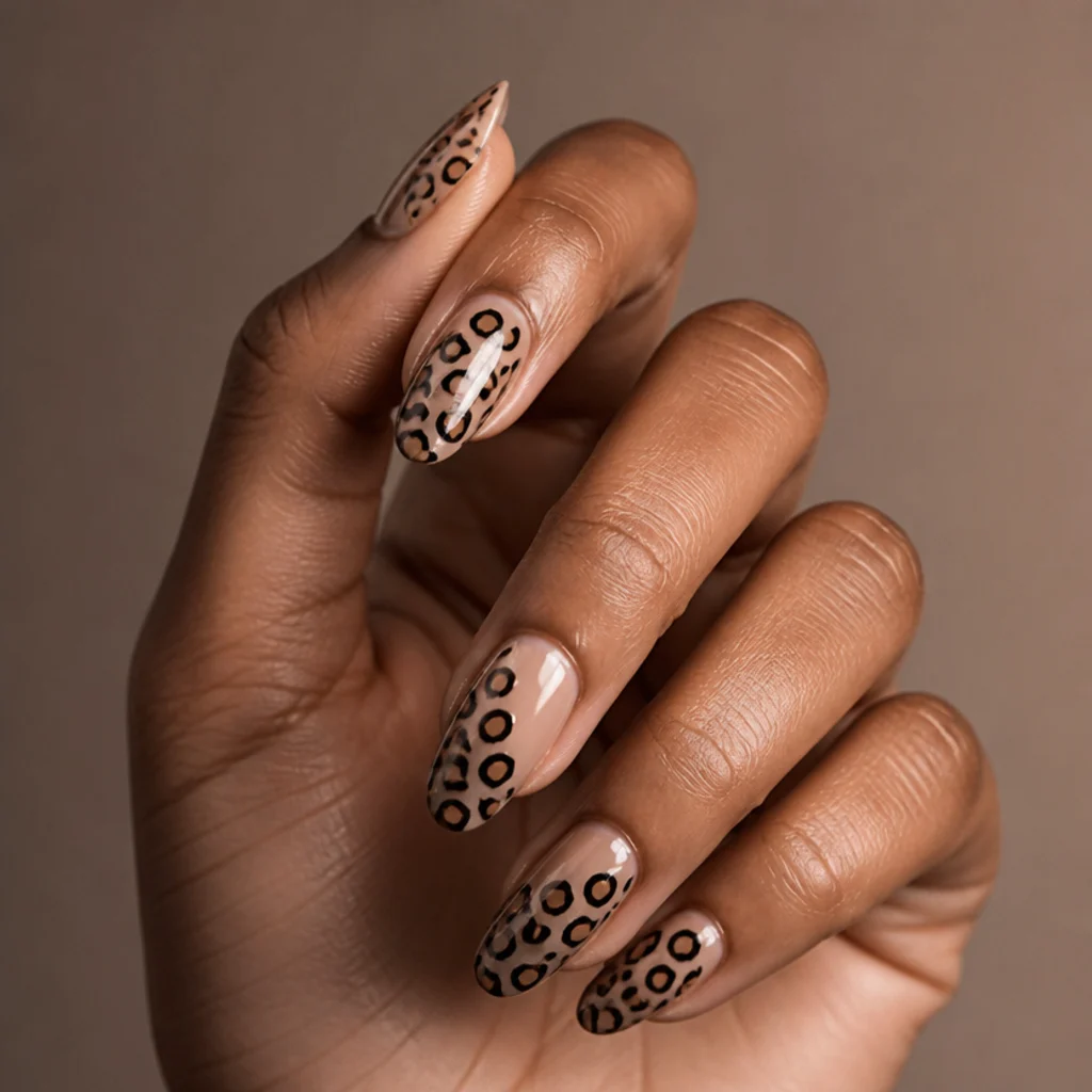 Almond nails with clear negative-space gaps and leopard rosettes floating over bare natural nail