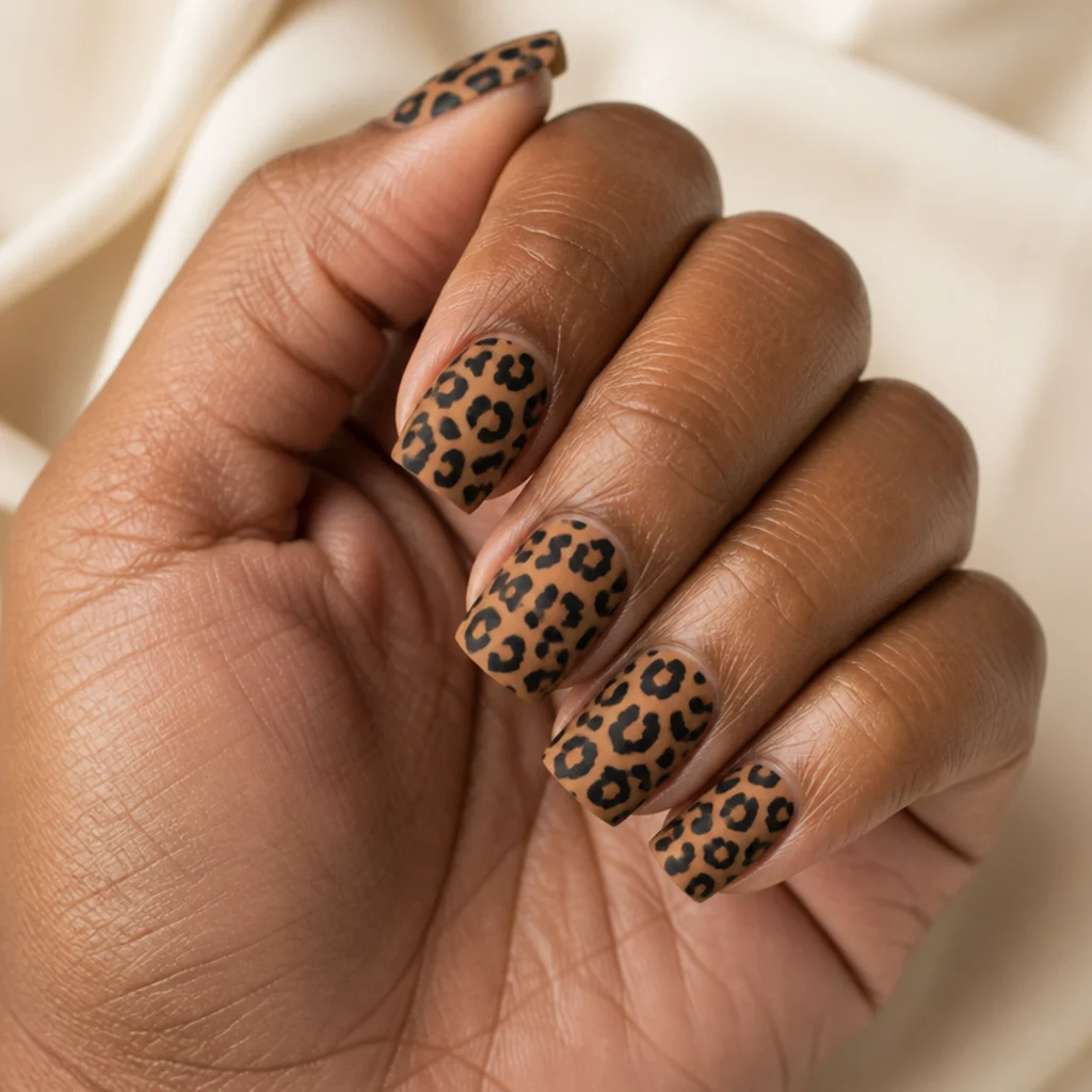 Square nails in matte tan with black leopard spots and a velvety no-shine top coat