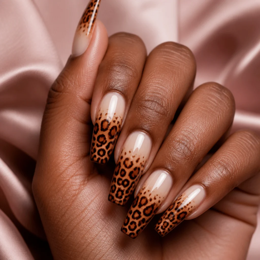 Long coffin nails fading from cream at the cuticle to warm caramel at the tips with leopard spots layered over the gradient